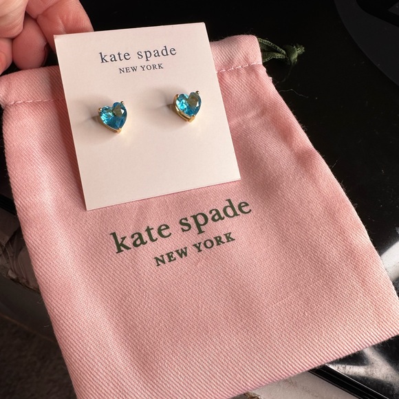 Kate Spade My Love Heart Stud Earrings Blue + Gold with Dust Bag - Picture 4 of 7